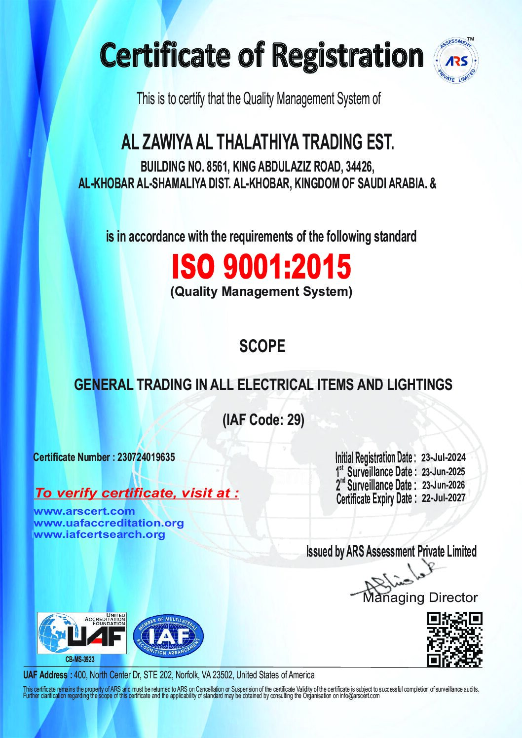 AL ZAWIYA AL THALATHIYA TRADING EST - ISO Certificate