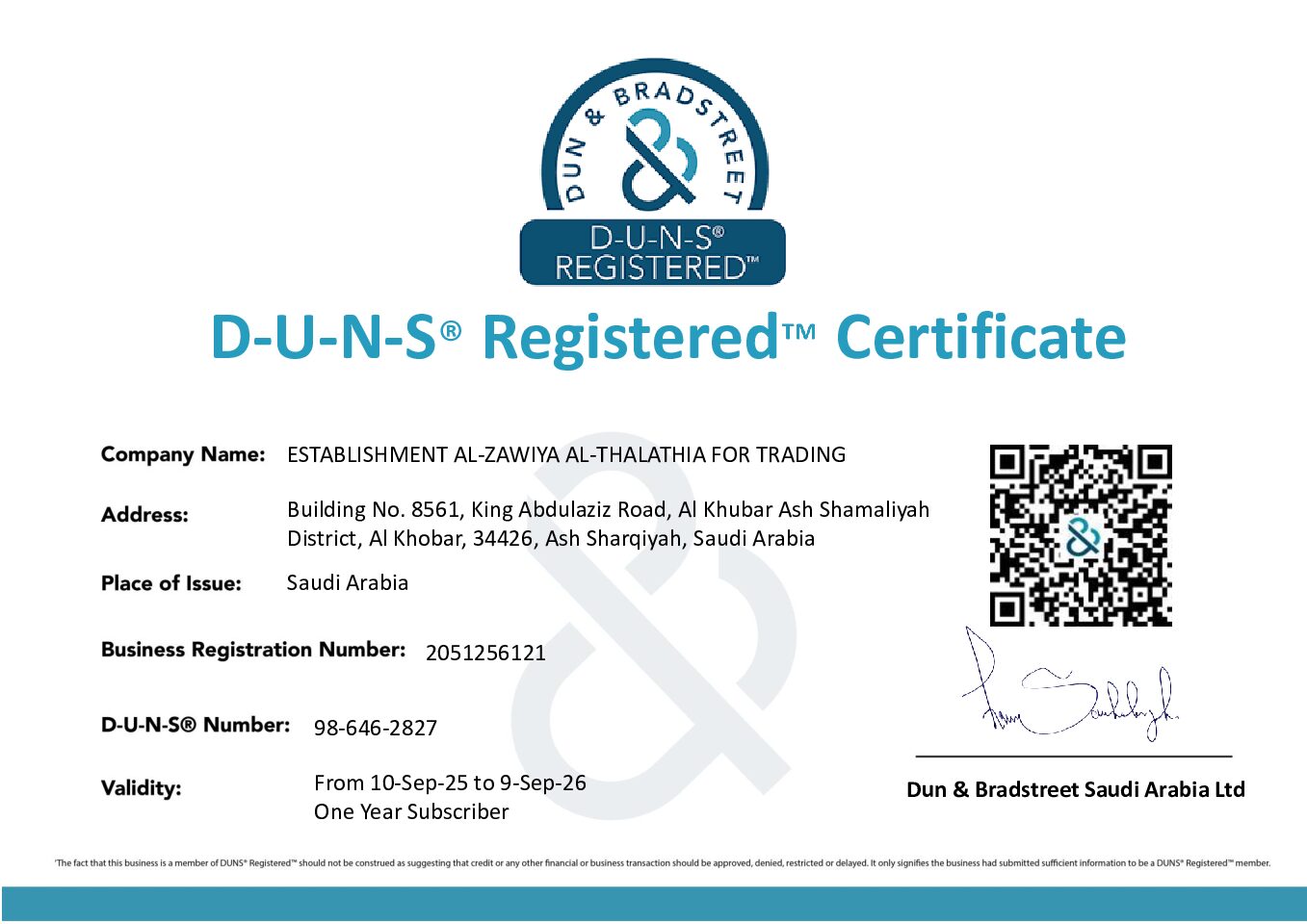 D-U-N-S Certificate - AL-ZAWIYA AL-THALATHIA FOR TRADING