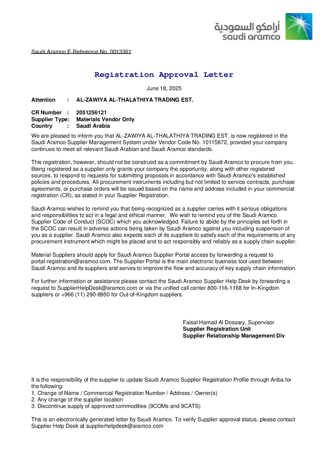 Saudi Aramco Approval Letter - AL ZAWIYA
